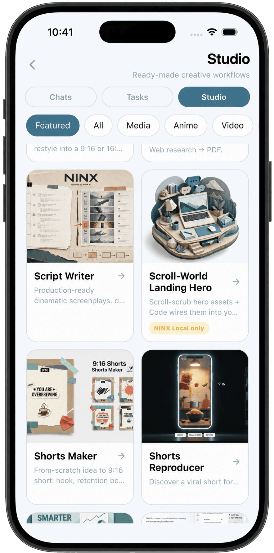 NINGENIE Studio on mobile, showing creative workflows in the app