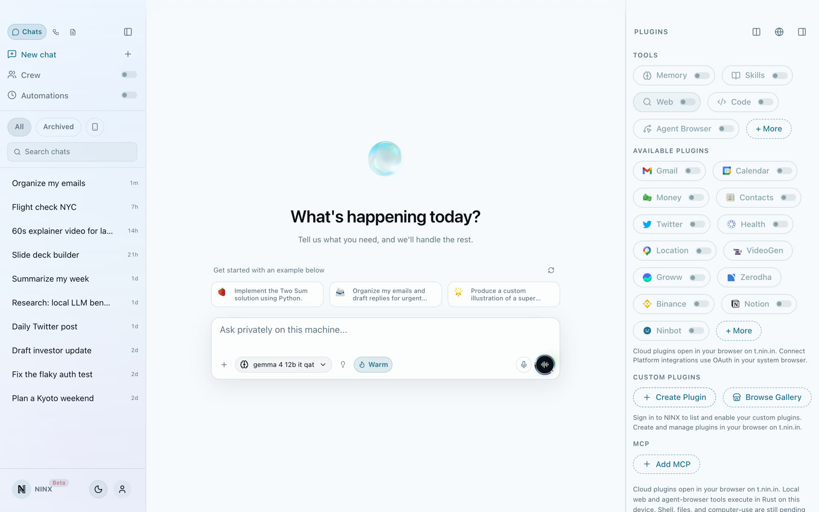 NINX private desktop workspace